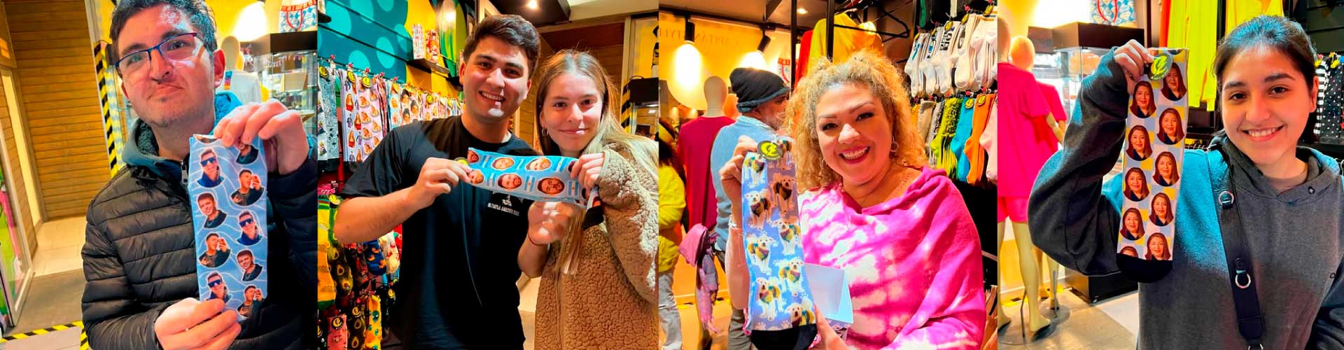clientes-calcetas-personalizadas-capitan-style-bodega-italia Clientes felices mostrando sus calcetas personalizadas con rostros y mascotas – Capitán Style en Bodega Italia