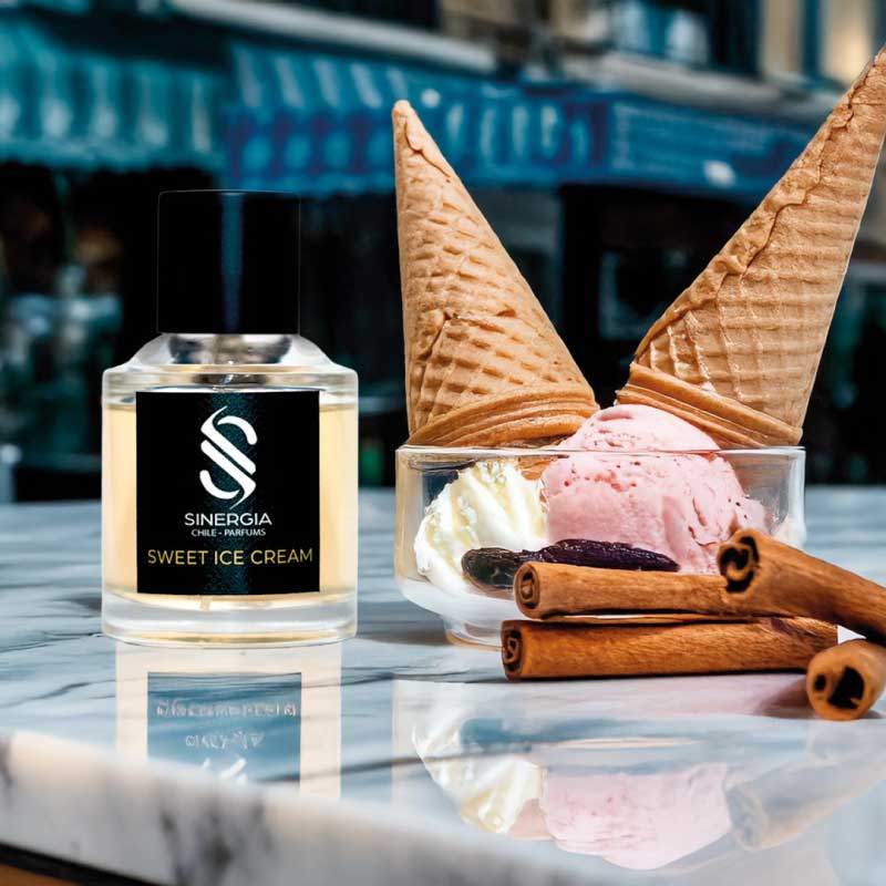 Perfume Sweet Ice Cream de Sinergia Chile, fragancia gourmand con notas dulces disponible en Maison Niche en Bodega Italia